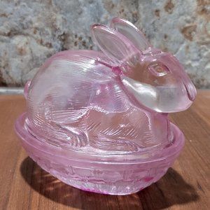 VTG Pink Purple Easter Bunny Rabbit Glass Covered Trinket Oval Candy Dish Transl